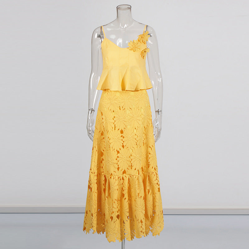 Boho 3D Flower Cami Peplum Top + Cutout Lace Tiered Maxi Skirt Set