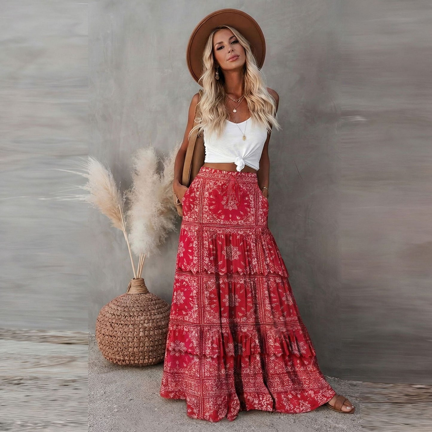Bohemian Patchwork Print Tiered Maxi Skirt | Elastic Waist Pocket Skirt