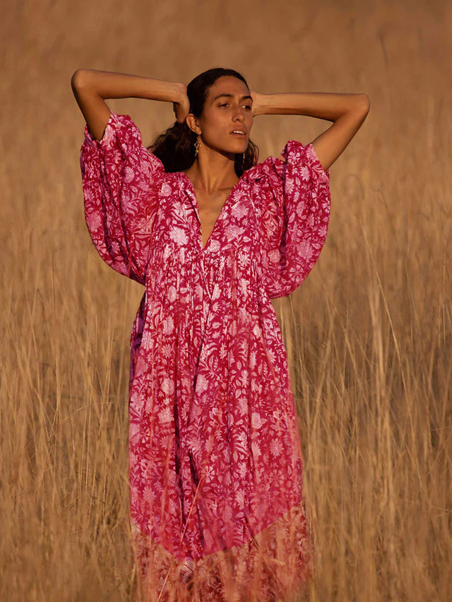 Bohemian Puff Sleeve Floral Maxi Dress | Vacation Style V-Neck Tie Dress