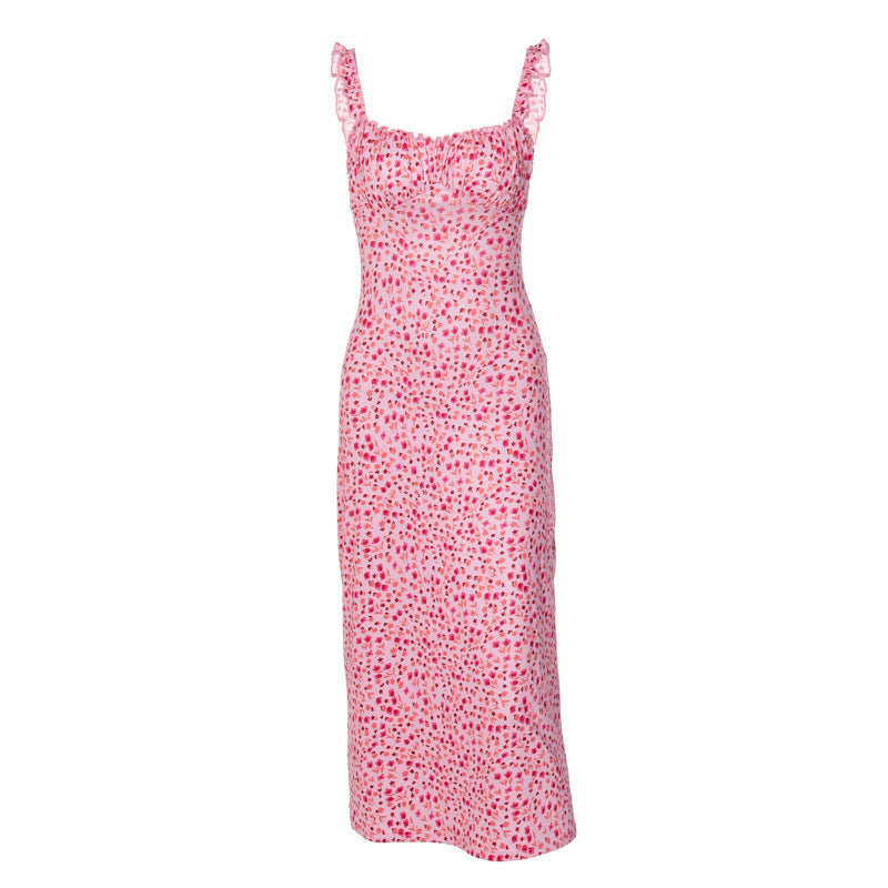 French Pink Floral Spaghetti Strap Midi Dress | Retro Square Neck Bodycon Dress