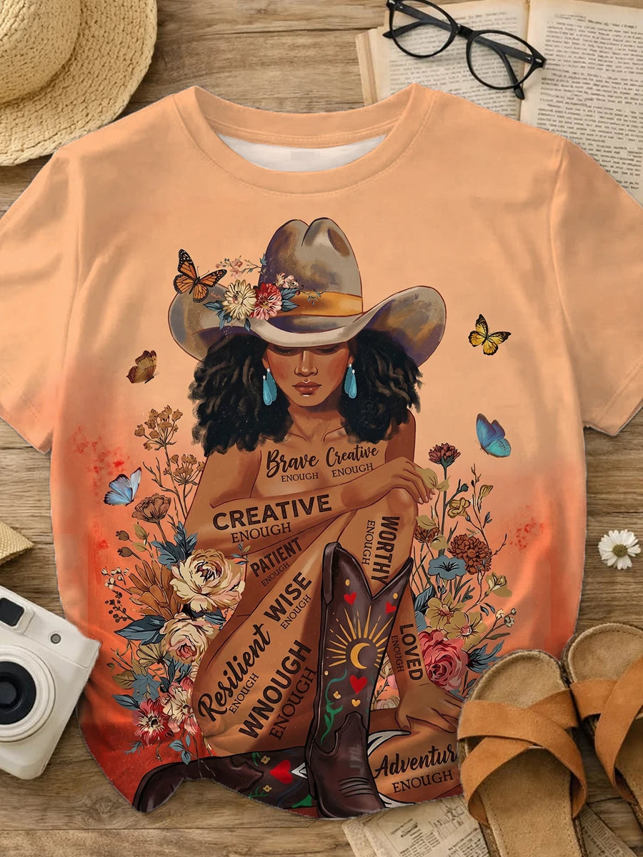 Warm Orange Gradient Inspirational Quote Black Cowgirl Floral Butterfly Print Crew Neck T-shirt