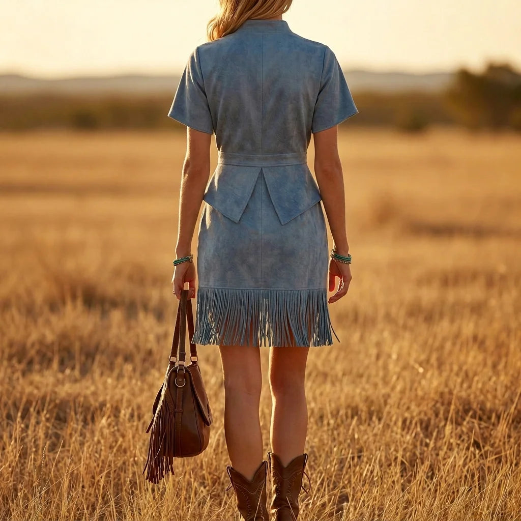 Stand Collar Zip Short Sleeve Waisted Fringe Hem Suede Mini Dress