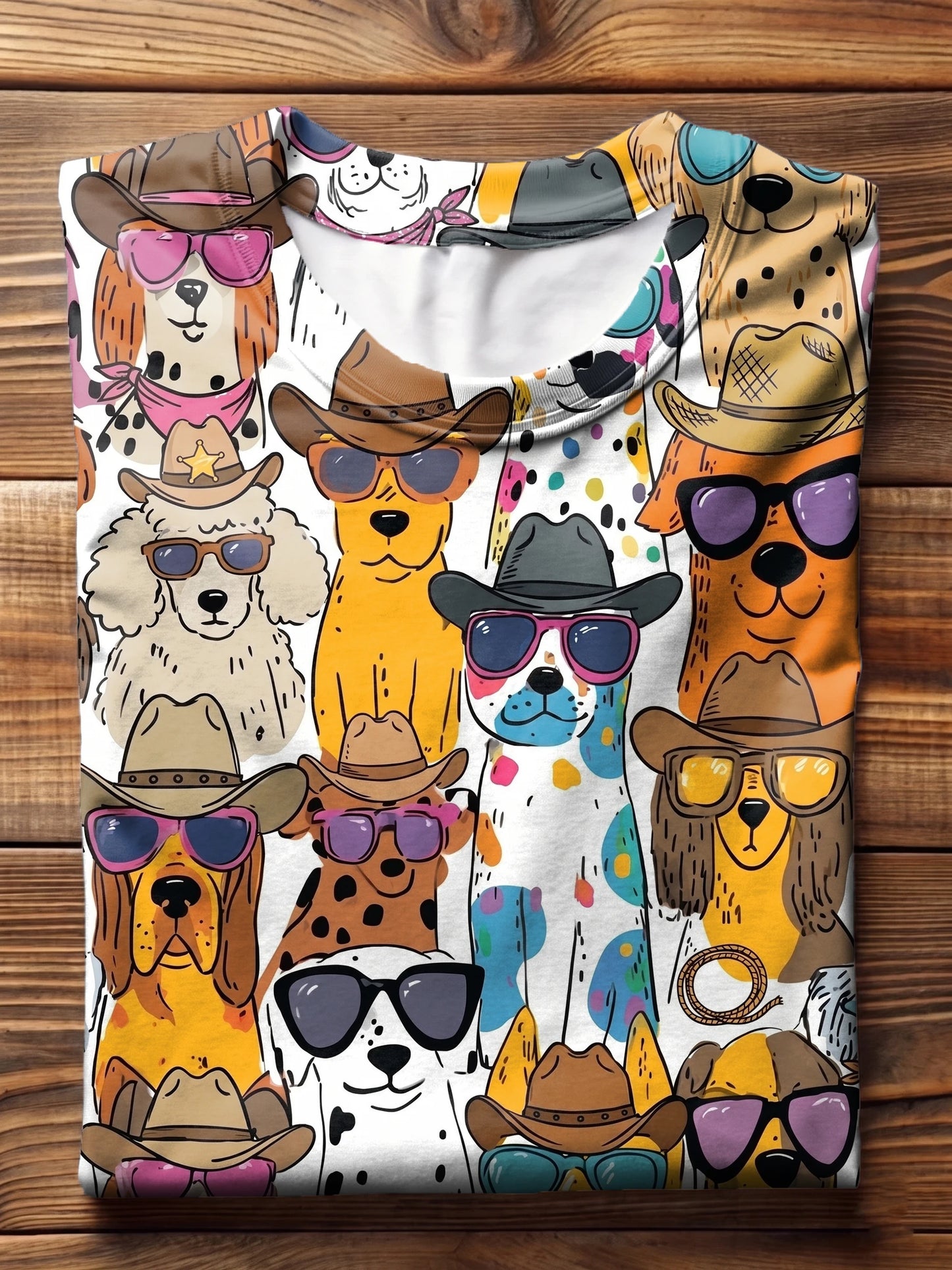 White Base Western Cowboy Hat Sunglasses Cute Dogs All Over Print Crew Neck T-shirt