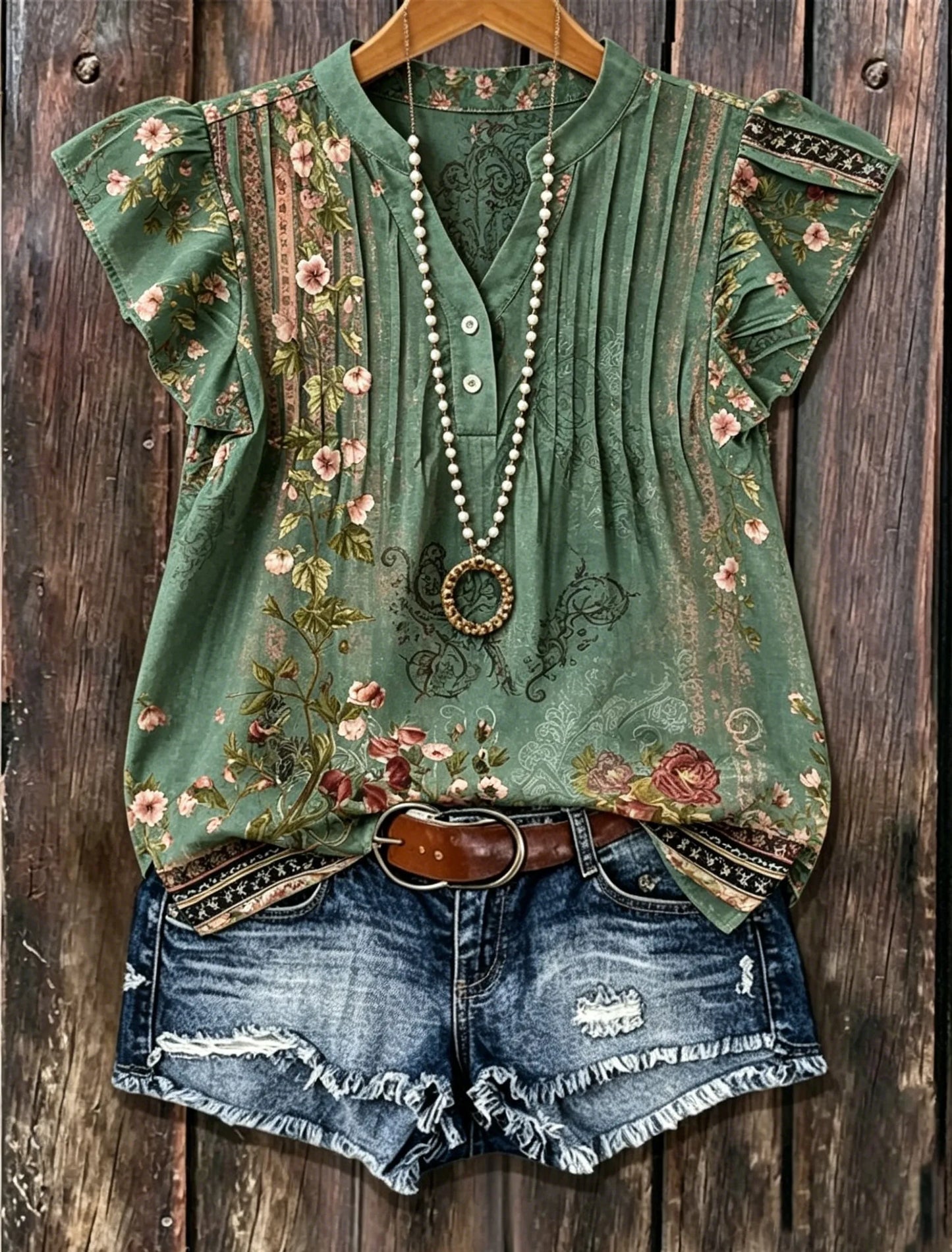Vintage Green Henley Neck Pleated Ruffle Sleeve Floral Print Casual Blouse