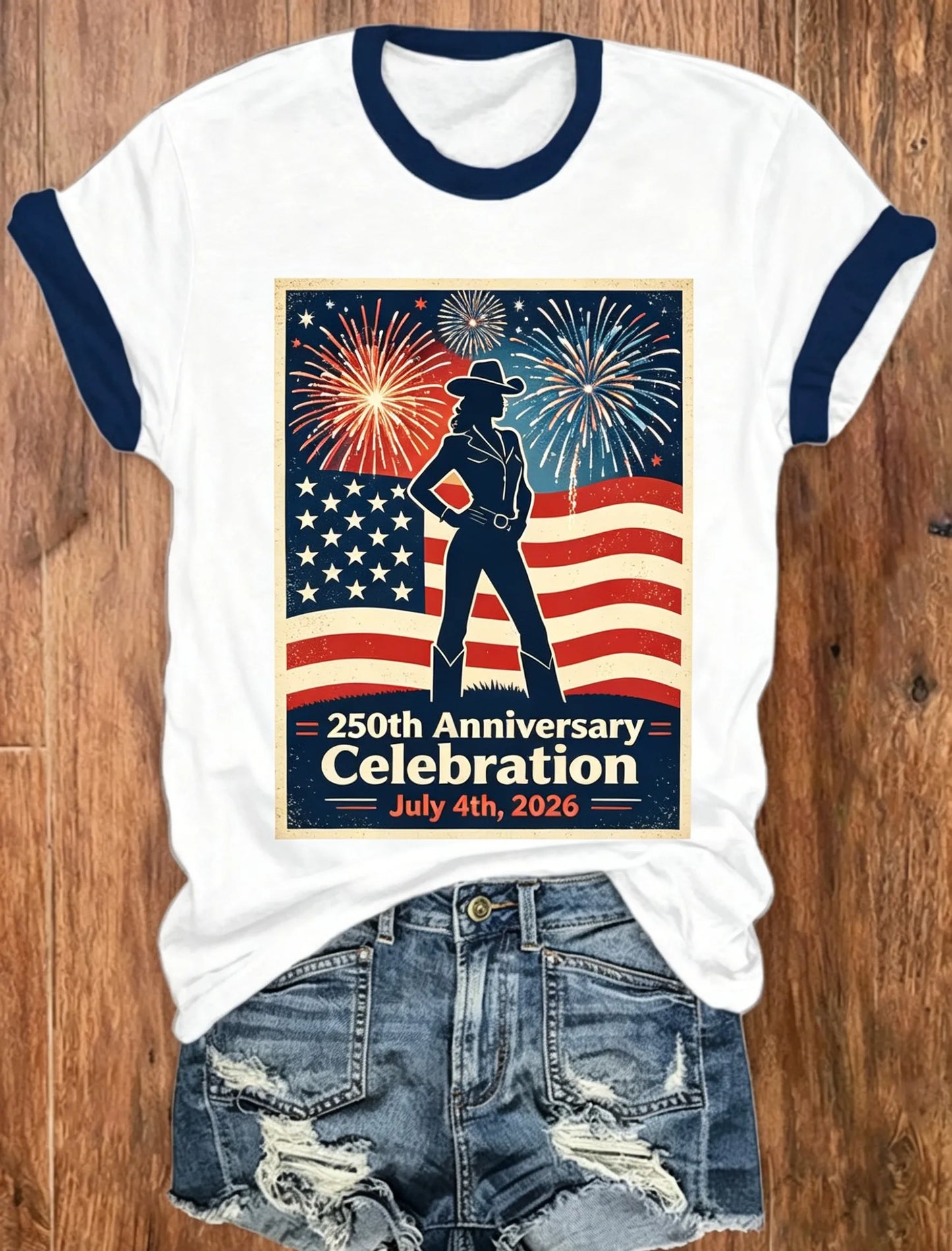 White Navy Trim Vintage Poster Cowgirl Silhouette Flag Fireworks America 250th Anniversary Short Sleeve Ringer Tee