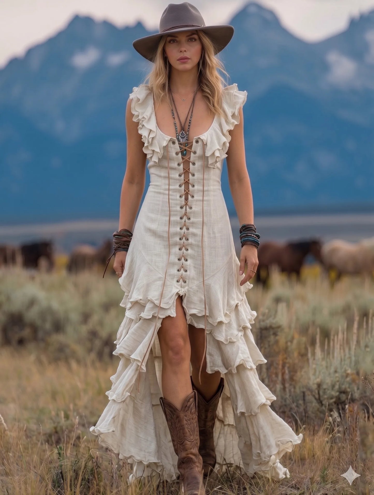 V Neck Lace Up Ruffle Front Split Irregular Bohemian Linen Maxi Dress