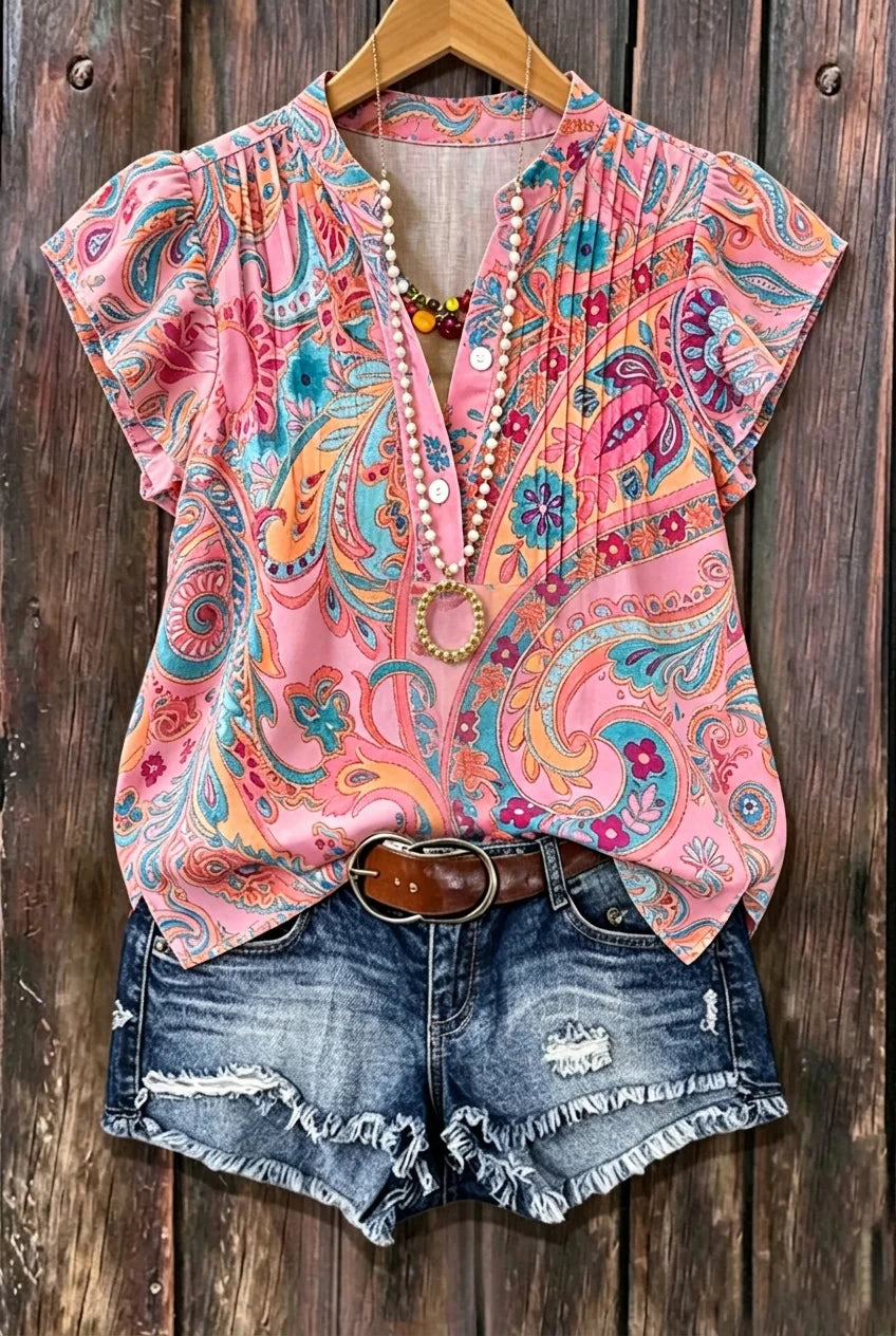 Pink Paisley Print Henley Neck Pleated Ruffle Sleeve Blouse