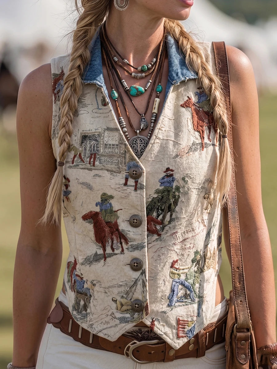 Denim Collar Western Cowboy Embroidered Sleeveless Linen Waistcoat