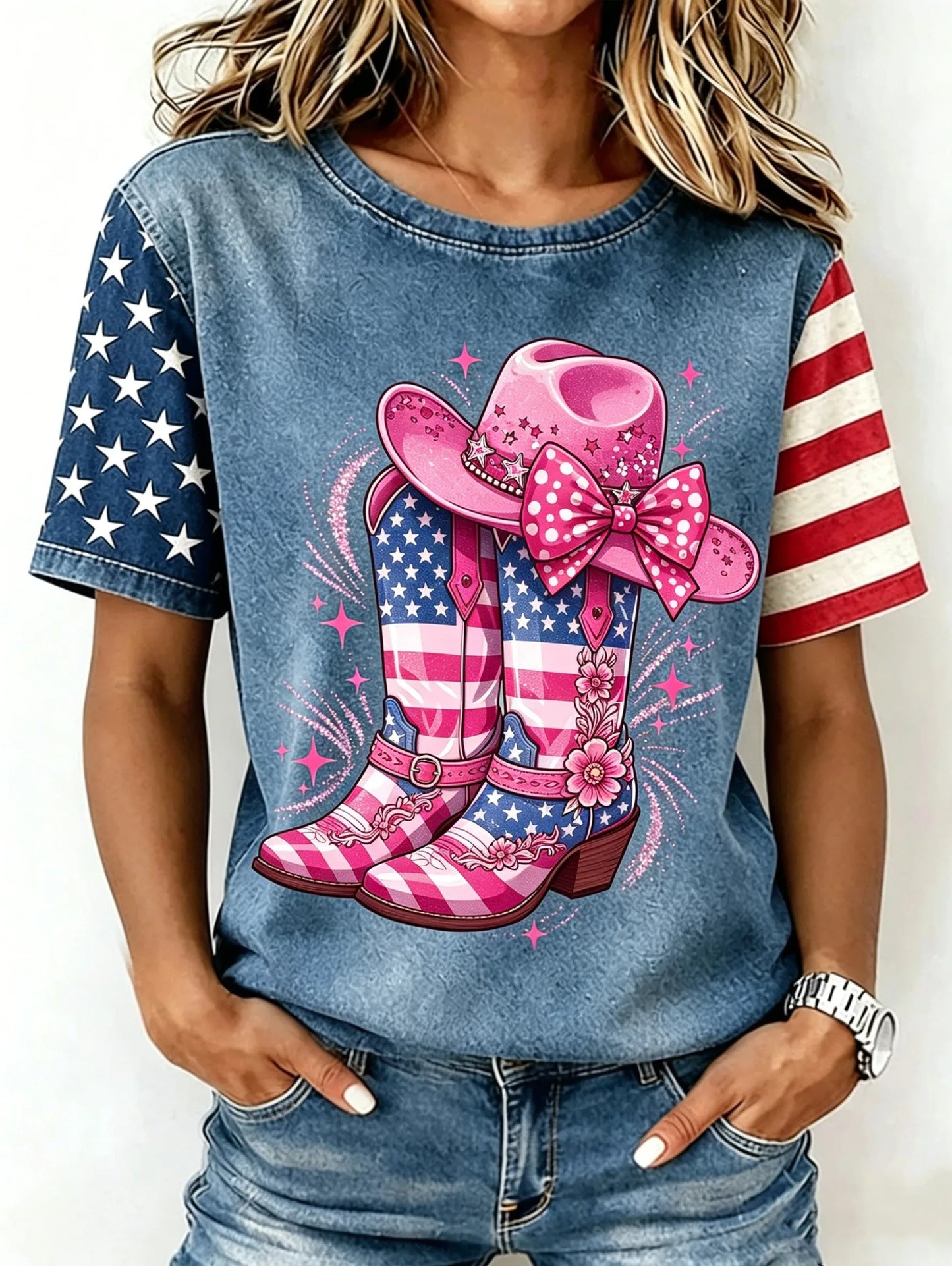 Washed Denim Blue Star Stripe Patch Sleeve Pink Cowboy Hat Star Stripe Cowboy Boots Polka Dot Bow Print Short Sleeve Tee