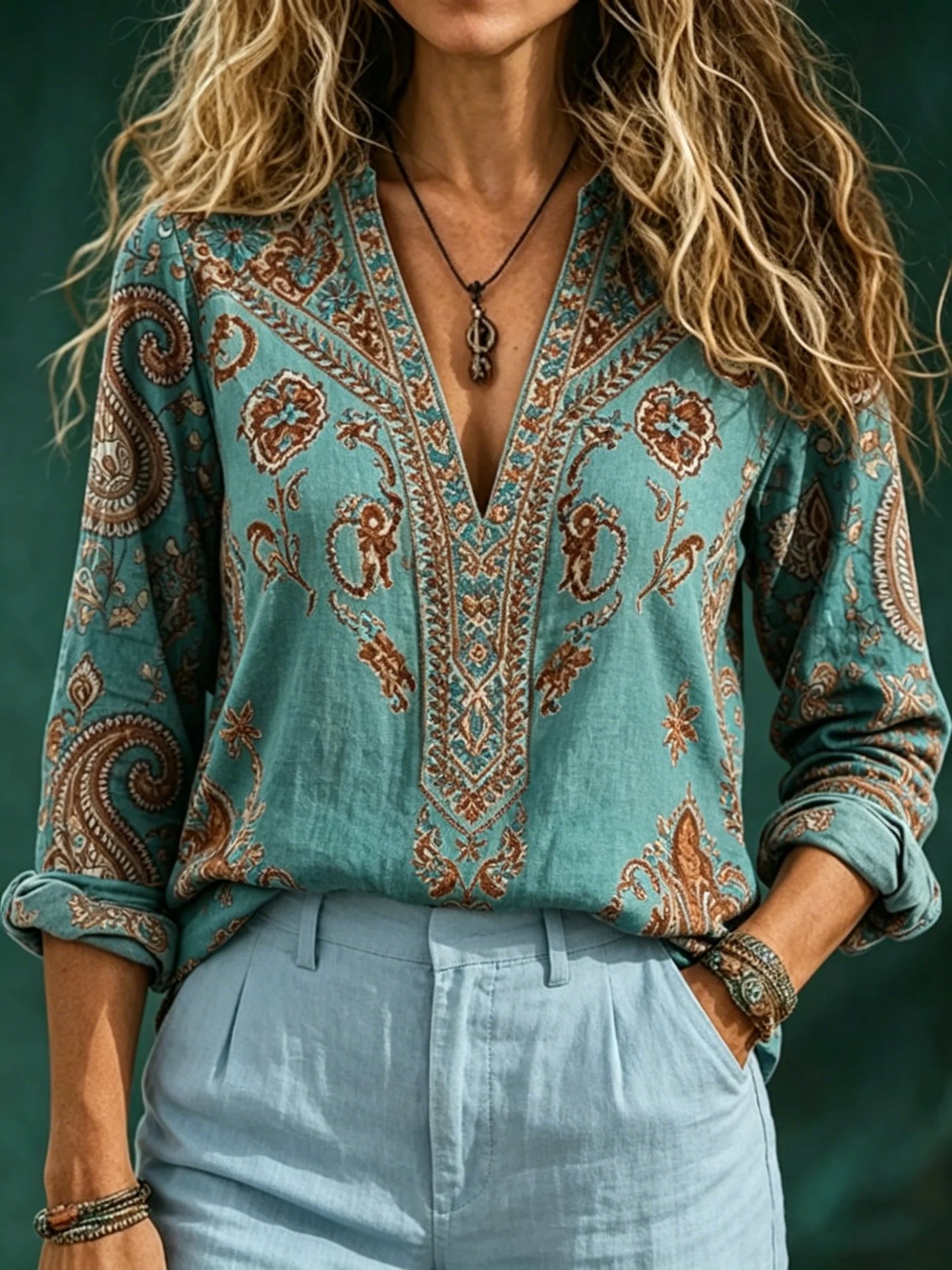 Women V Neck Paisley Print Long Sleeve Bohemian Casual Blouse