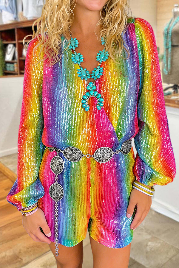Rainbow Striped Sequin Puff Sleeve Jumpsuit