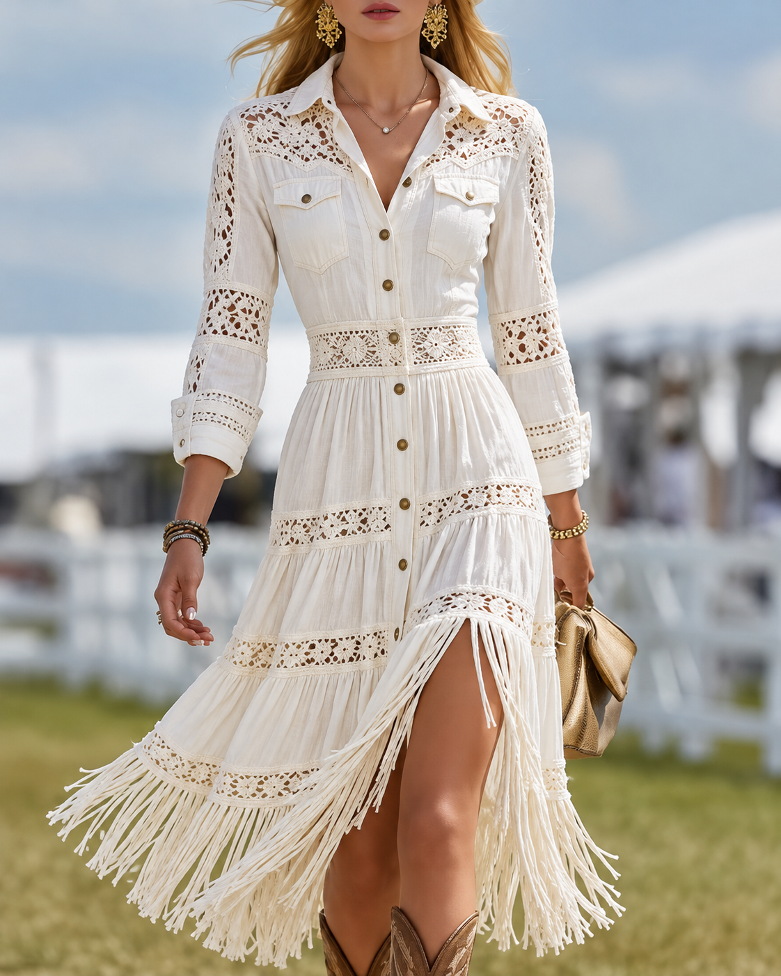 Cream Crochet Trim Fringe Western Shirt Dress
