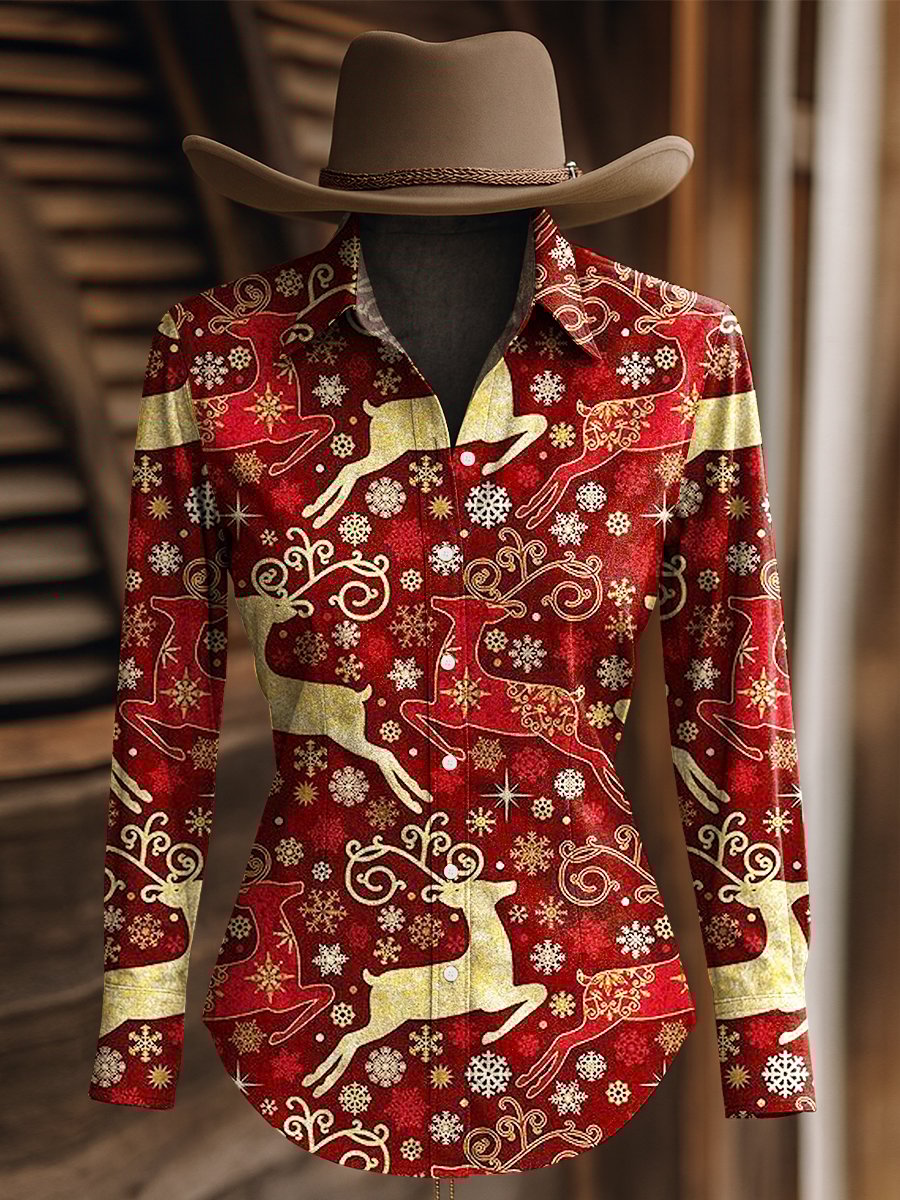 Women's Christmas Elk Print Western Long Sleeve Shirt