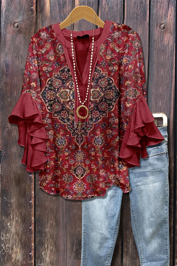 Ethnic Floral Print Ruffle Sleeve Top