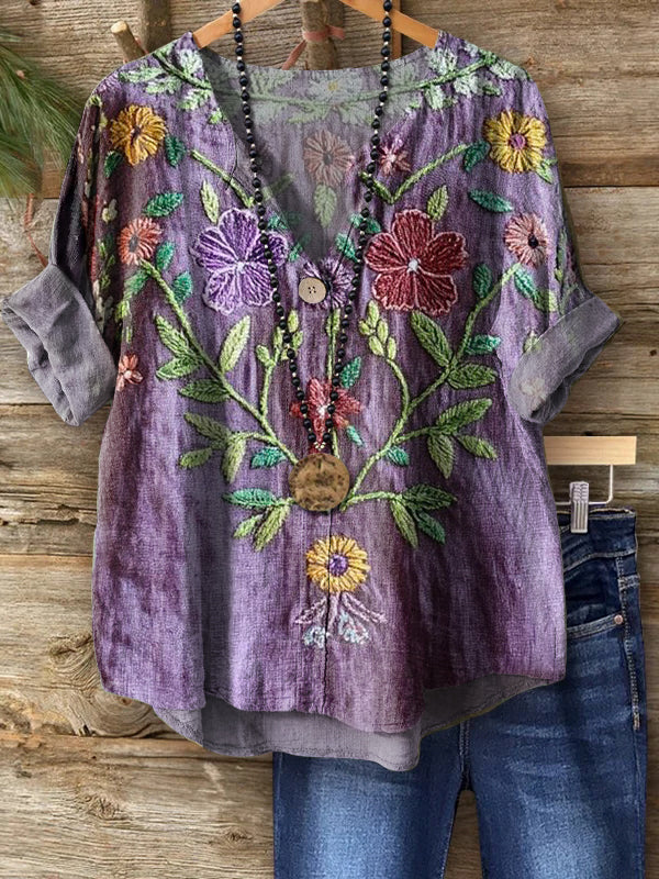 Women's Vintage Ethnic Floral Art Print Casual Cotton Linen Shirt