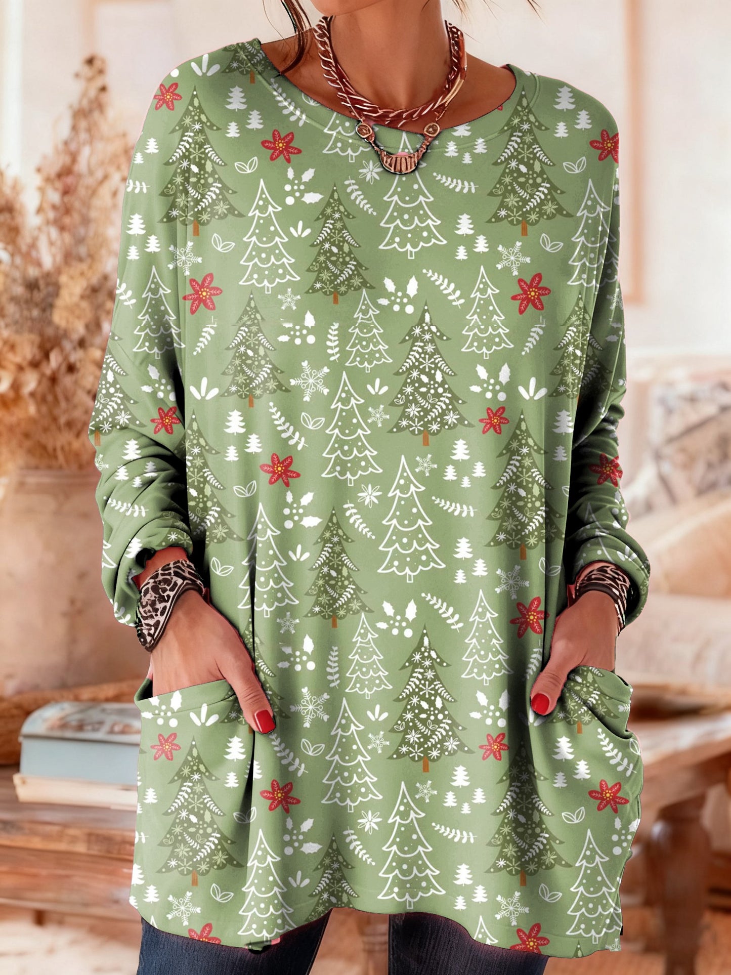 Women's Casual Christmas Long-Sleeved Pocket T-Shirt