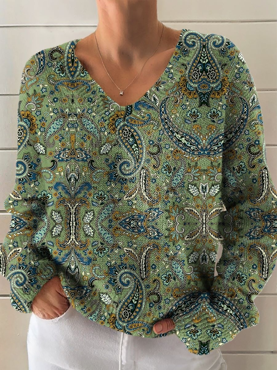 Women's Retro Peris Floral Pattern Artistic Print Casual V-Neck Knitted Sweater