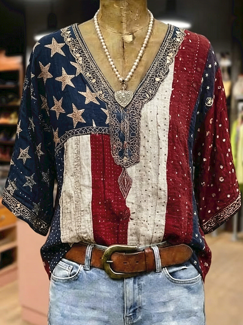 Women's Vintage American Flag Embroidered V-Neck Blouse