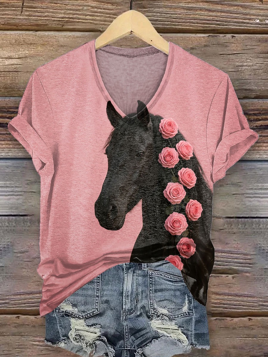 Women's Vintage Art Horse Print Casual Cotton And Linen Shirt