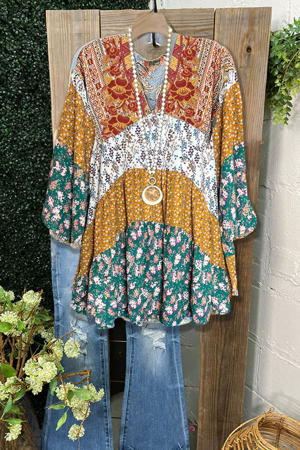 Casual Embroidered Patchwork Printed V-neck Top