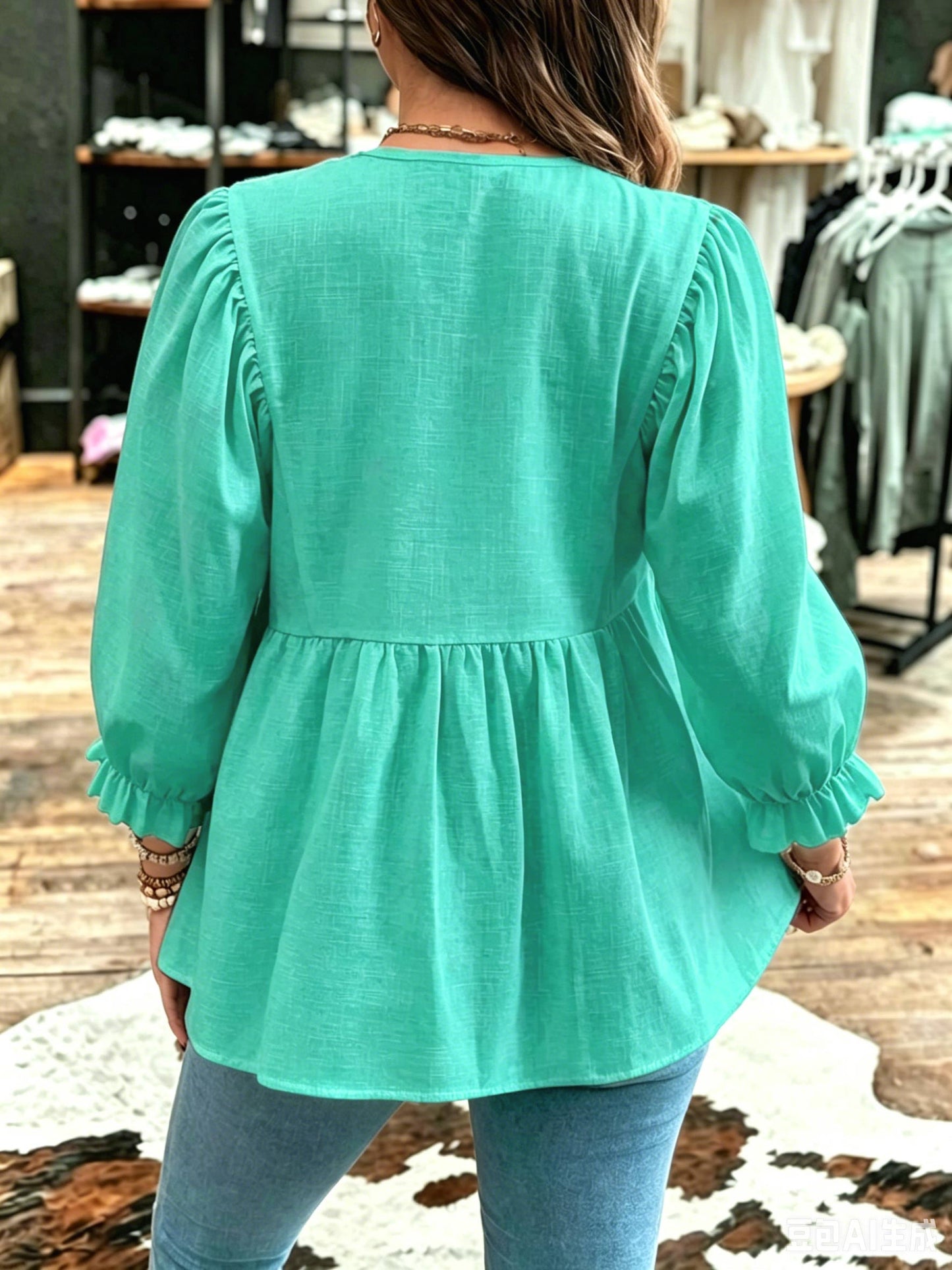 Mint Green Textured Peplum Top With Ruffle Sleeves
