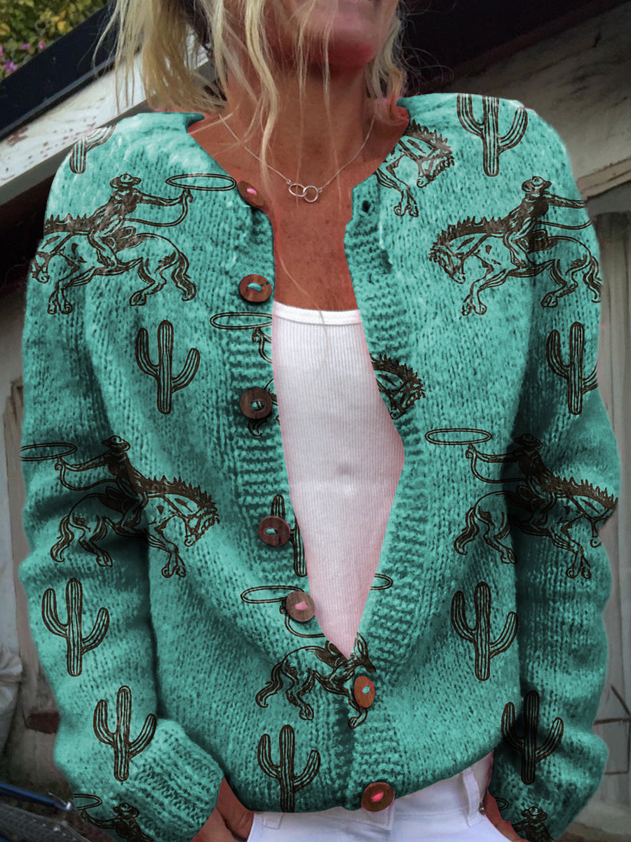 Turquoise Green Horseback Riding Cowboy and Cactus Print Buttoned Cardigan Sweater