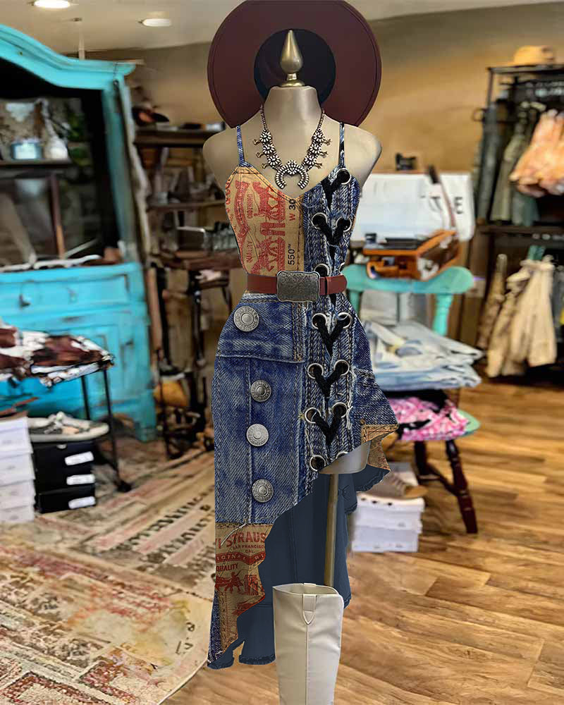 Western Cowboy Personalized Denim Print Irregular Ruffle Hem Slim Cami Dress