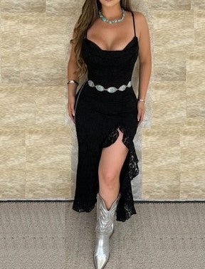 Pretty Lace Ruffled Slit Dress