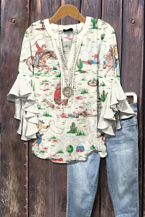 Vintage Western Horse Print Ruffle Sleeve Top