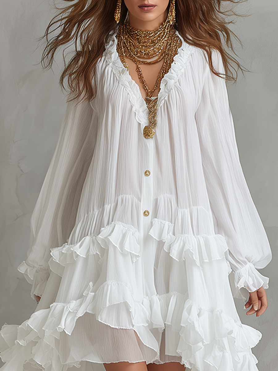 Bohemian White Ruffled Chiffon Dress