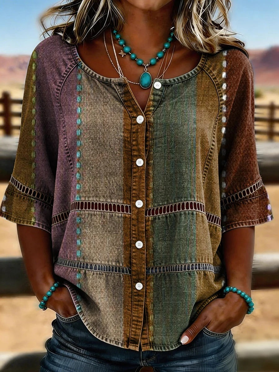 Vintage Floral Print Casual Hollow-Out Denim Shirt
