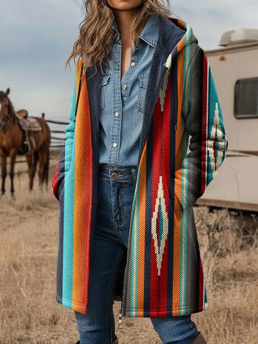 Aztec Print Unisex Plush Thick Long-Sleeved Cardigan Coat