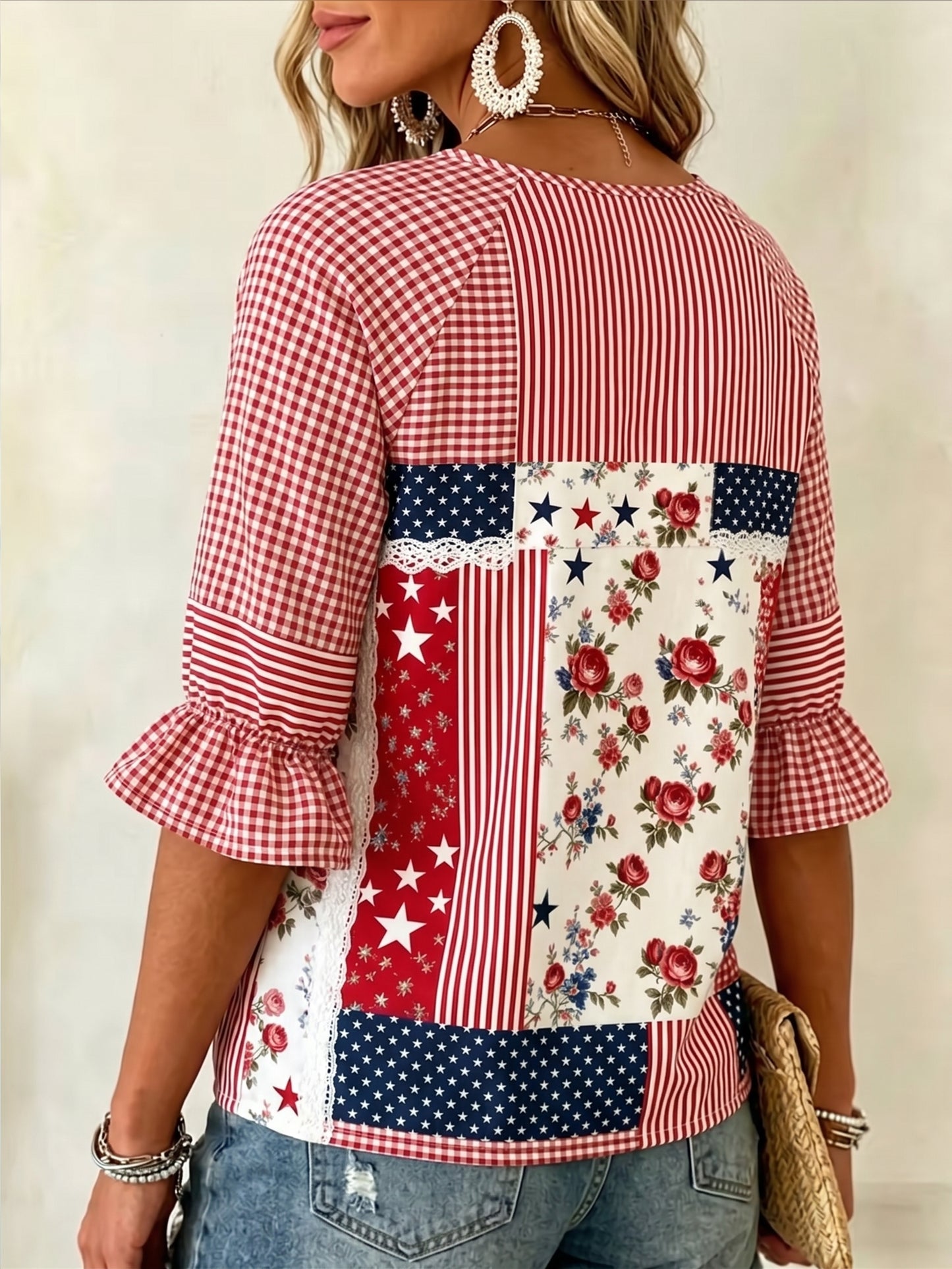 Women's Vintage American Flag Print Patchwork Casual Shirt