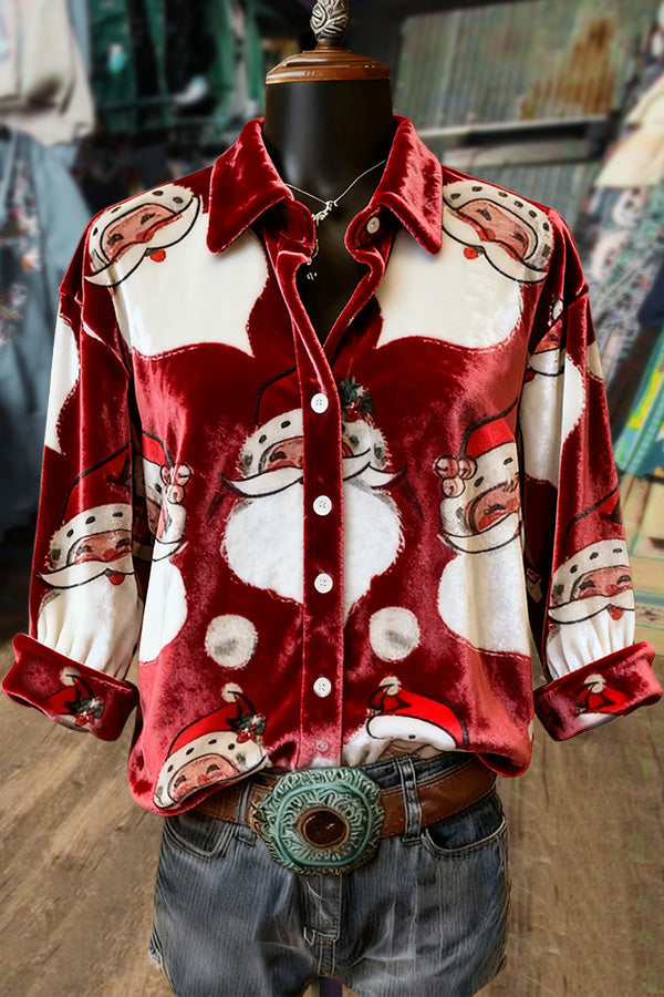 Christmas Santa Print Collared Velvet Top