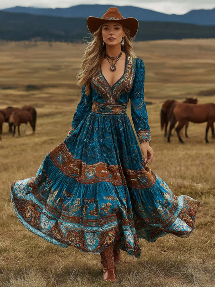 Women's Vintage Western Horse Art Print V-neck Long Sleeve Maxi Dress