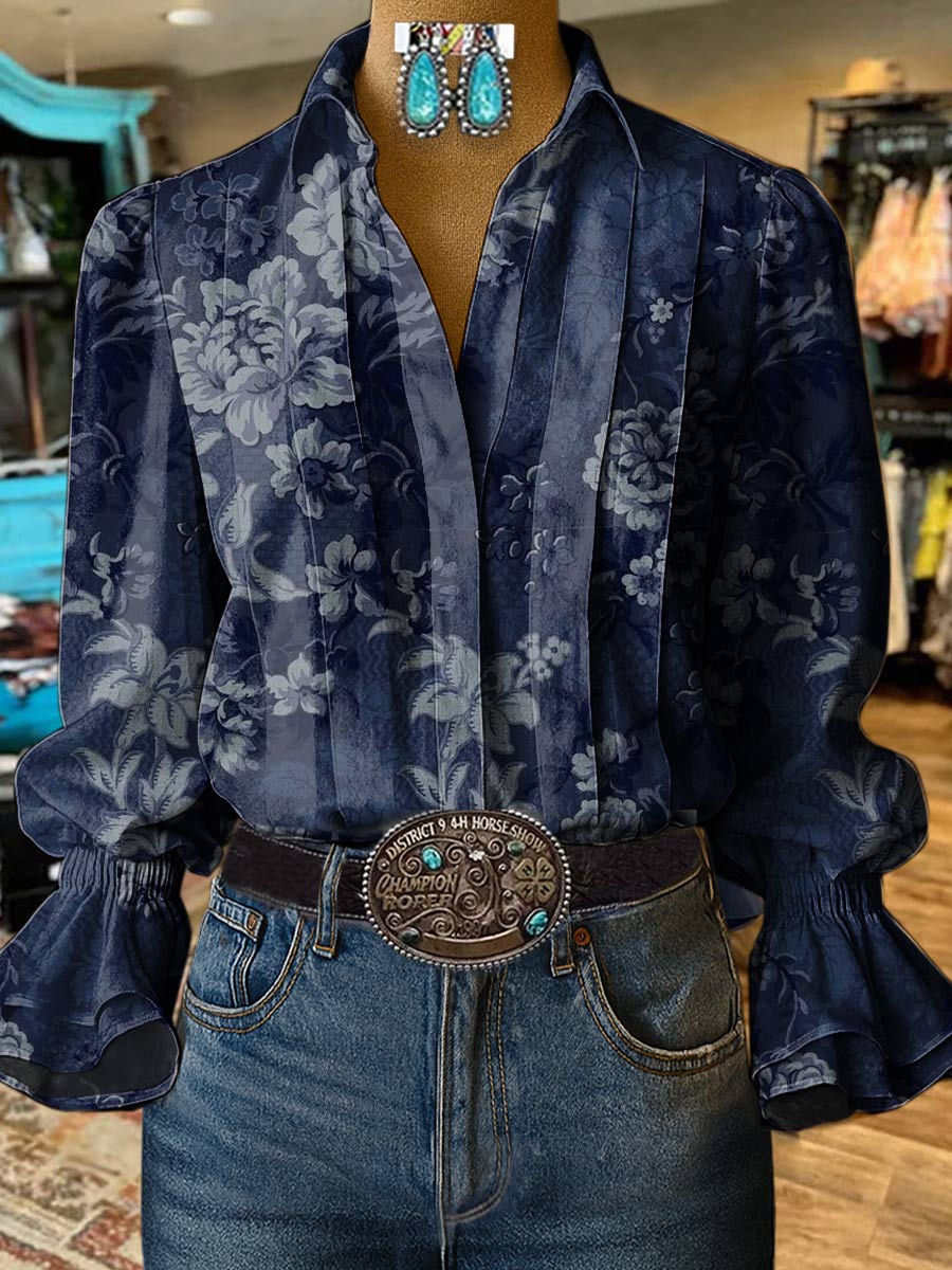 Women's Navy Floral Print Casual Cotton And Linen Shirt