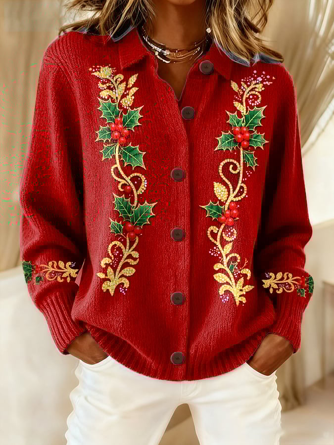 Women's Christmas art design Printed Knitted Lapel Button-Down Cardigan