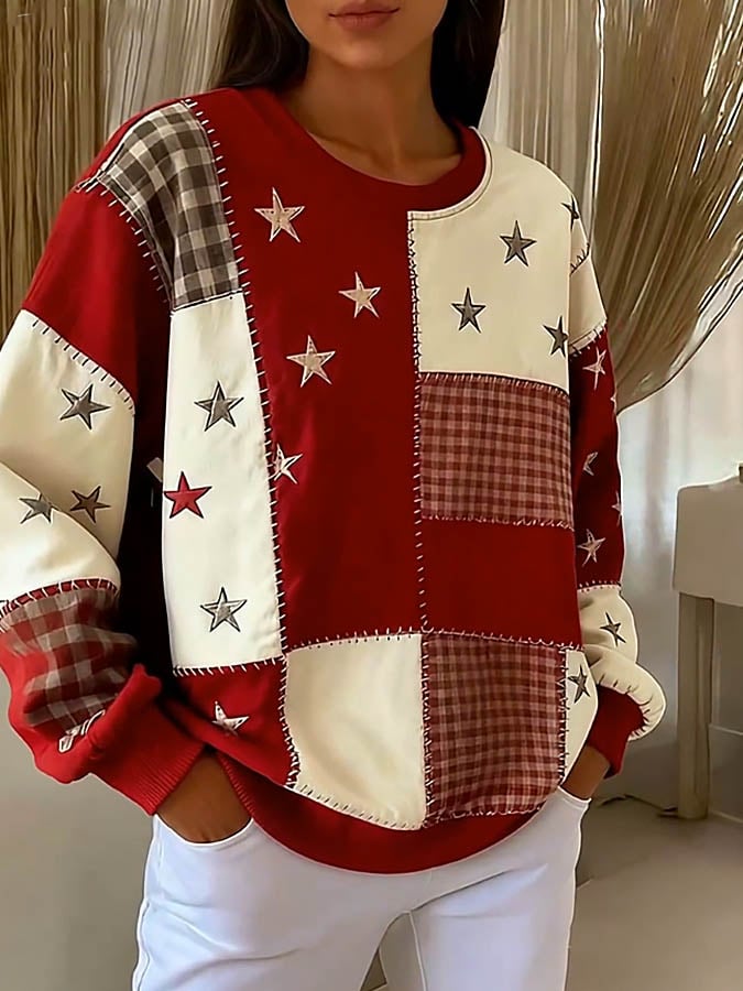 Women'S Casual Round Neck Contrast Color Stitching Plaid Sweatshirt