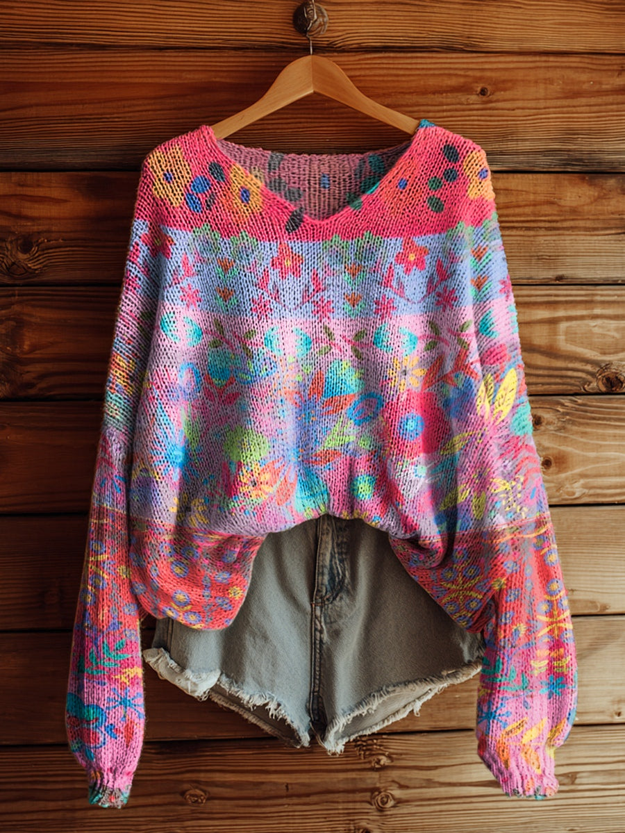 Women's Bohemian Floral Collage Art Pattern Print Casual V Neck Pullover Sweater