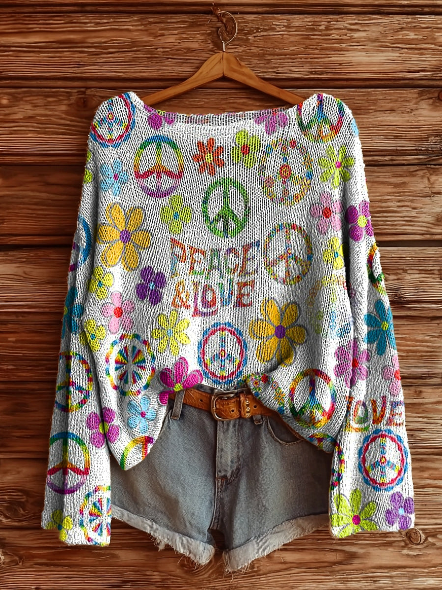 Women's Hippie Peace Love Floral Print Casual Pullover Sweater