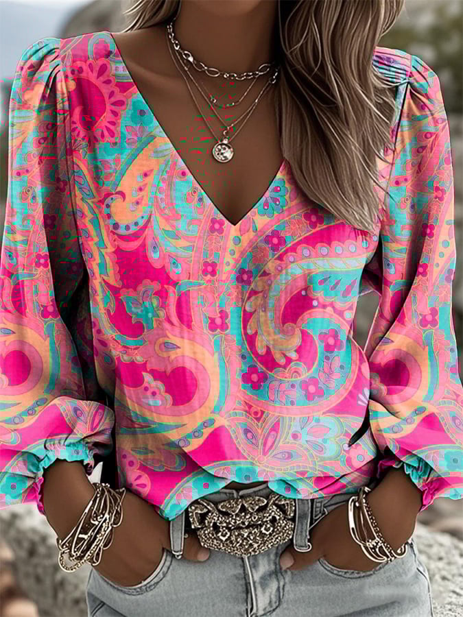 Women's Casual Western Waffle Puff Sleeve Paisley Cotton And Linen Top