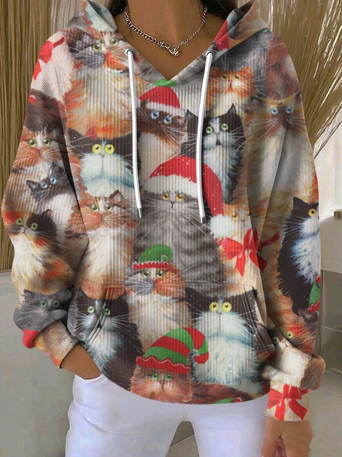 Women's Casual Christmas Cat Print Hooded Sweatshirt