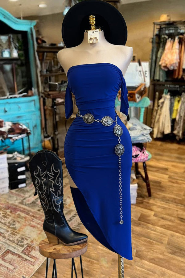 Solid Color Off-shoulder Slit Midi Dress