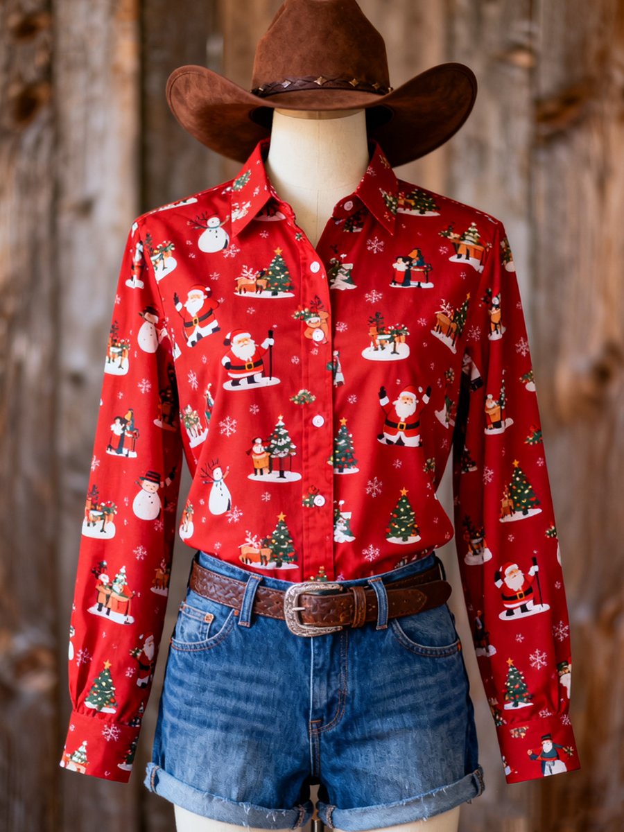 Women's Vintage Christmas Santa Claus Evergreen Snowflake Print Western Long Sleeve Shirt