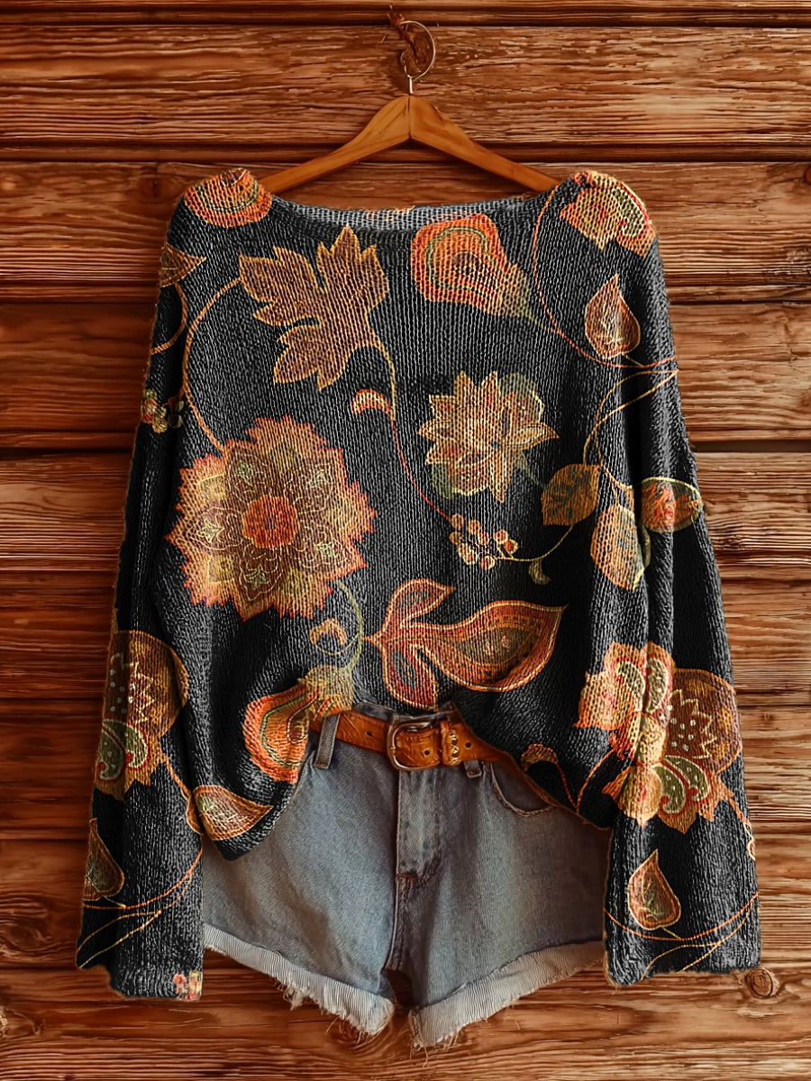 Women's Vintage Folk Flowers Art Pattern Print Casual Pullover Sweater