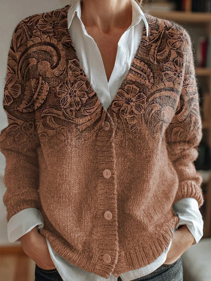 Retro Leather Embossing Pattern Print Buttoned Cardigan Sweater