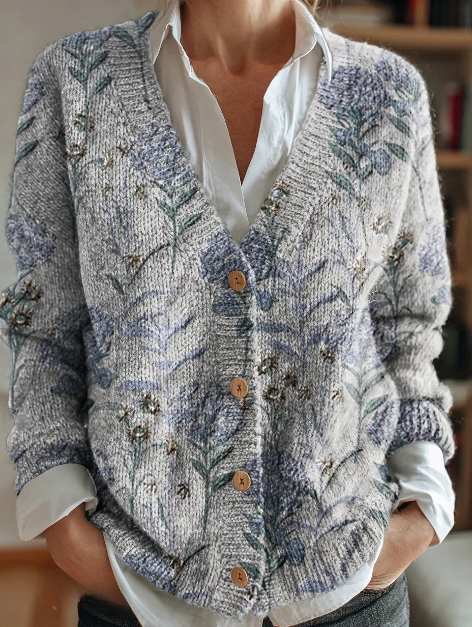 Women's Floral Print Casual Knitted Long Sleeve Top