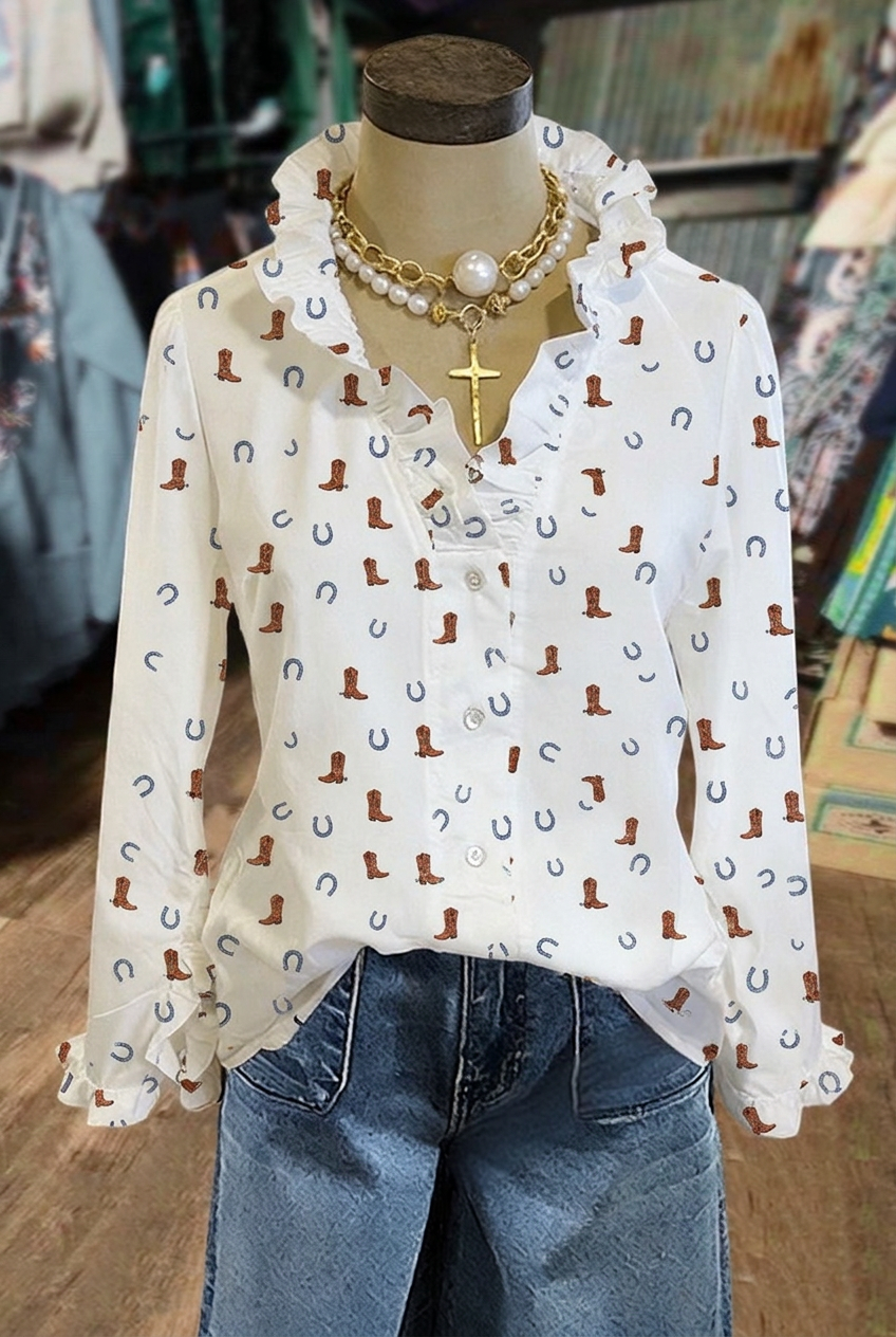 Cowboy boot and horseshoe print ruffle neck long sleeve blouse