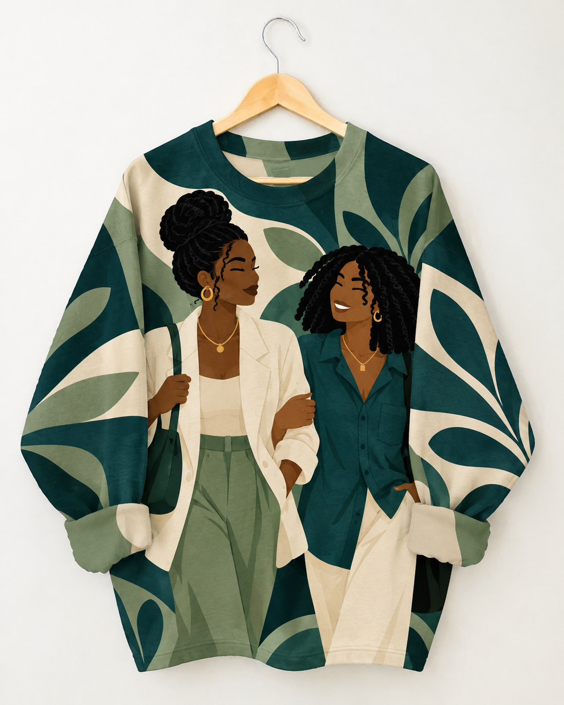 Green Cream Leaf Print Two Women Graphic Sweatshirt