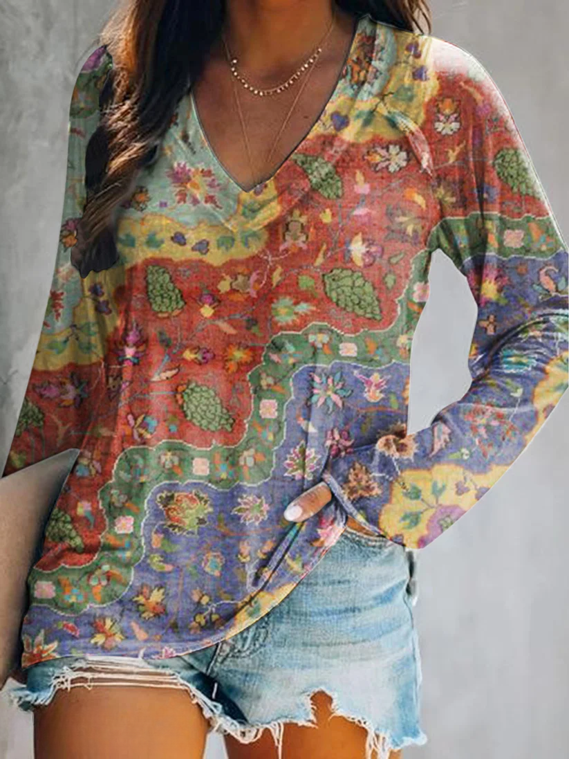 Women's Bohemian Floral Wave Collage Art Pattern Print Casual V-Neck Long Sleeve T-Shirt